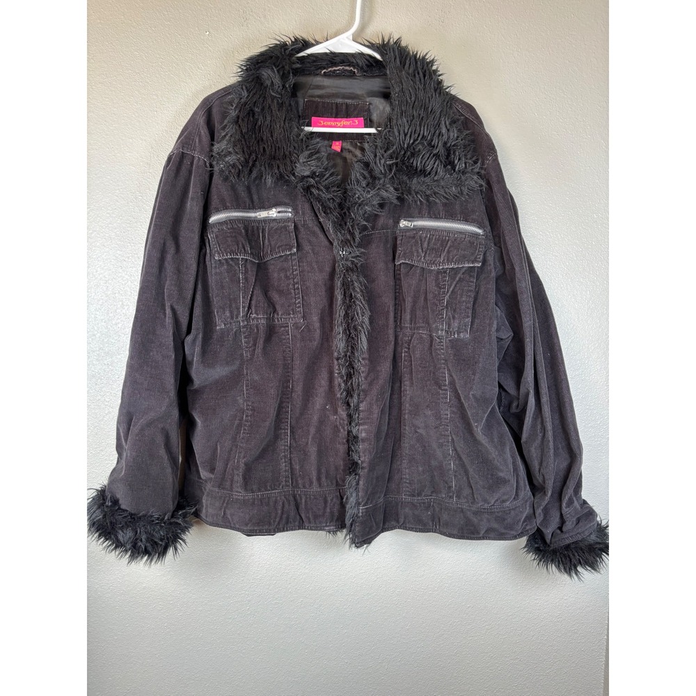 Jennyfer‎ J Black Corduroy Faux Fur Trim Jacket Womens 3X Y2K Shaggy Collar Coat